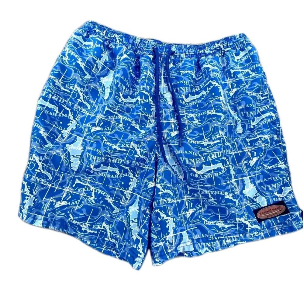 Vineyard Vines Swim Trunks Men's Medium Blue Printed Mesh Lined Drawstring Waist